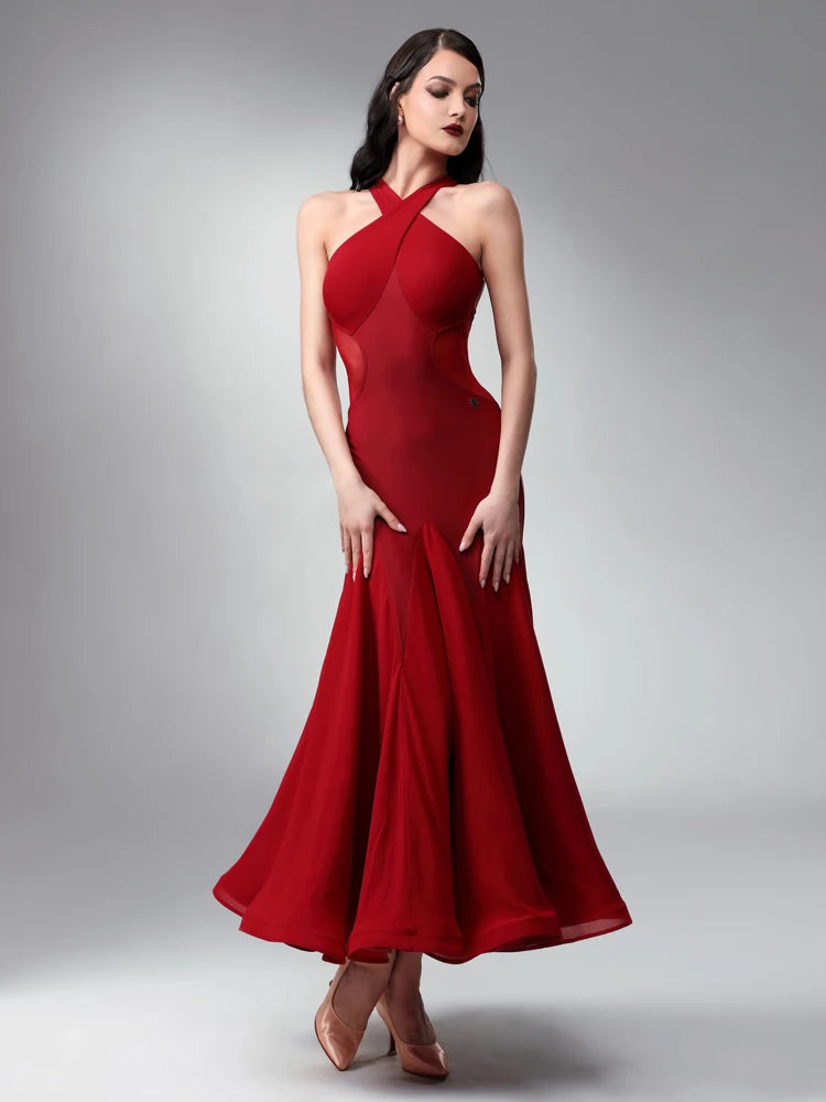 Red Criss Cross Halter Practice Dress with Full Skirt PRA 1127