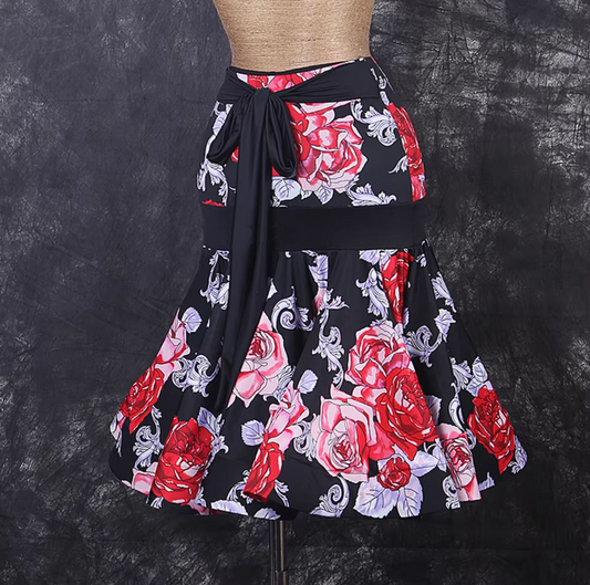 Black and Pink Floral Latin Practice Skirt with Tie Belt and Ruffle Hem PRA 022_sale