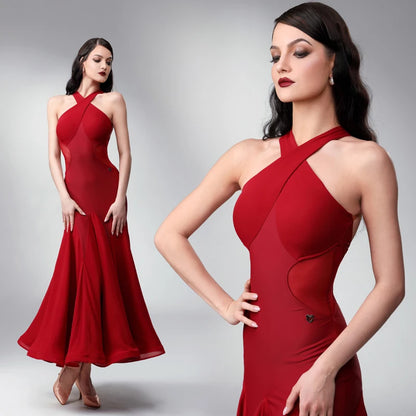 Red Criss Cross Halter Practice Dress with Full Skirt PRA 1127