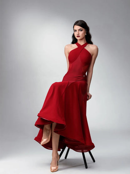 Red Criss Cross Halter Practice Dress with Full Skirt PRA 1127