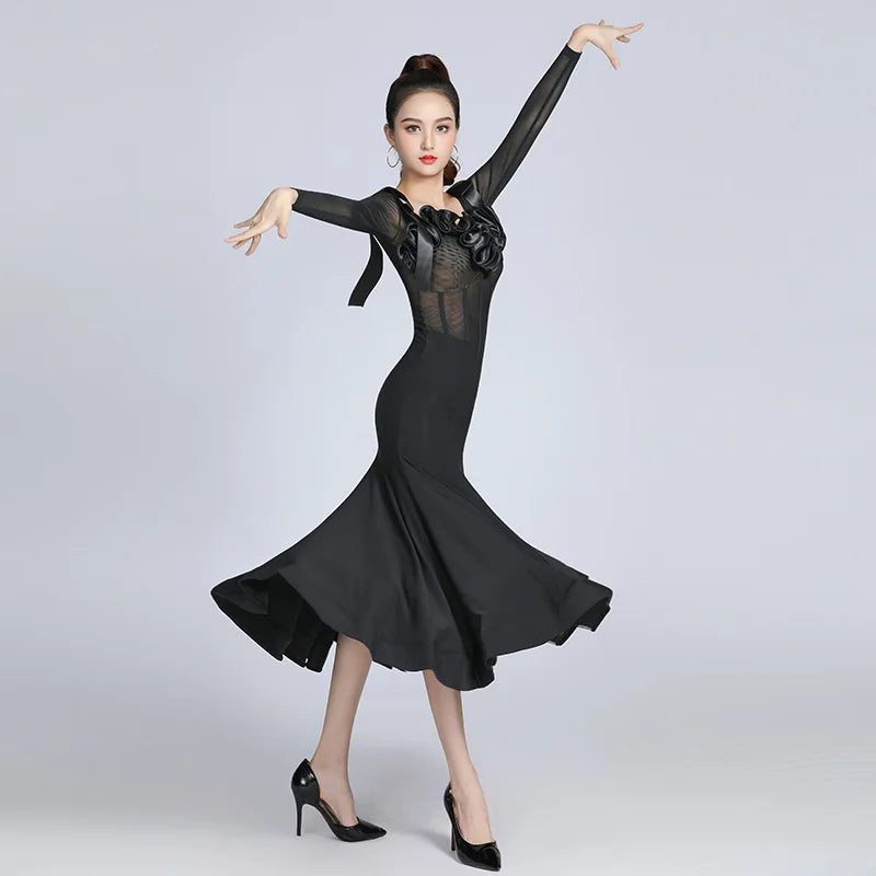 Black Ballroom Practice Dress with Corset-Style Waistline, Long Sleeves, 3 D Satin Ruffle Detail, and Wrapped Horsehair Hem Pra797