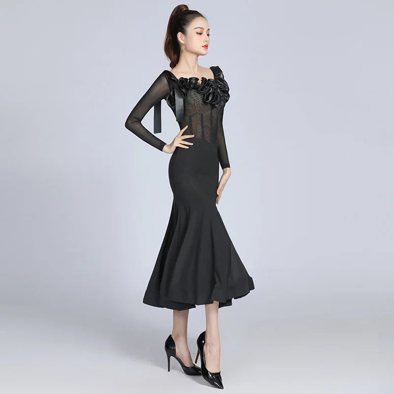 Black Ballroom Practice Dress with Corset-Style Waistline, Long Sleeves, 3 D Satin Ruffle Detail, and Wrapped Horsehair Hem Pra797