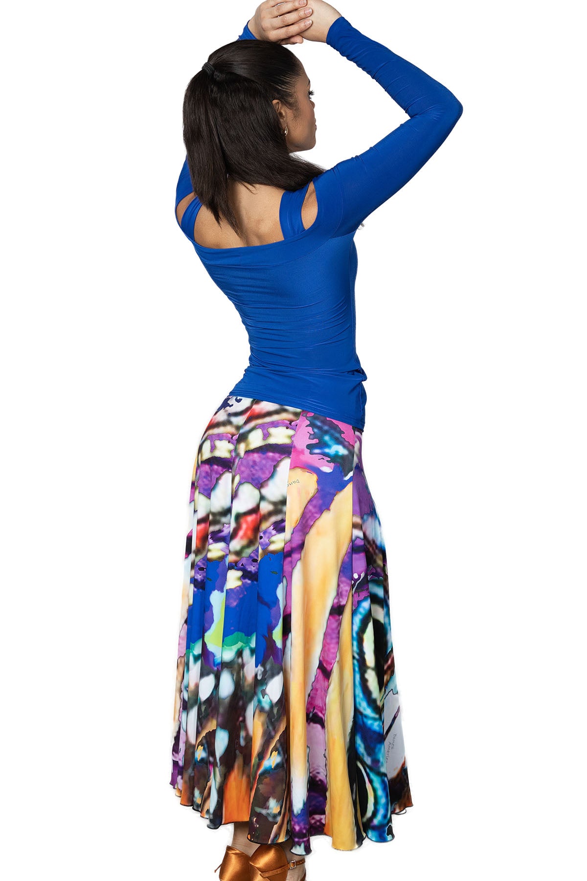 Back view of ladies' print ballroom dance skirt