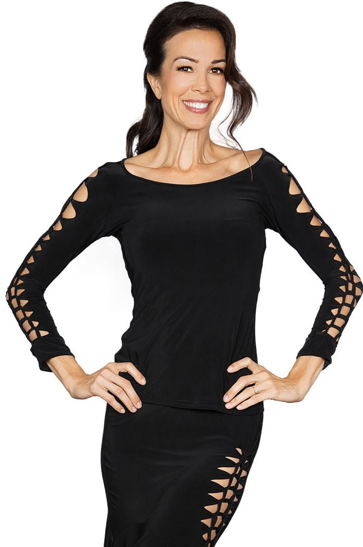 Dance America T2408 Simple Crochet Ballroom or Latin Practice Top with Long Sleeves in Stock