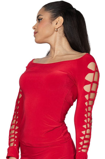 Dance America T2408 Simple Crochet Ballroom or Latin Practice Top with Long Sleeves in Stock