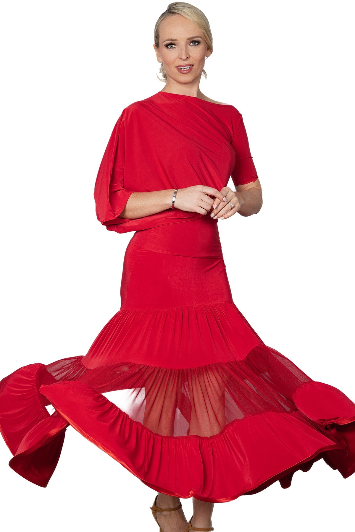 Red ballroom dance skirt with 3 tiers