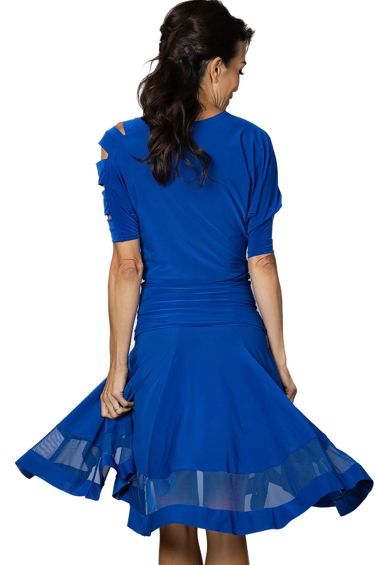 Ladies' blue Latin dancing skirt with mesh insert