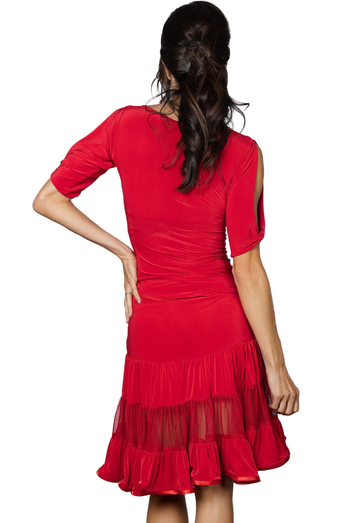 Red Latin practice dance skirt with ruffles