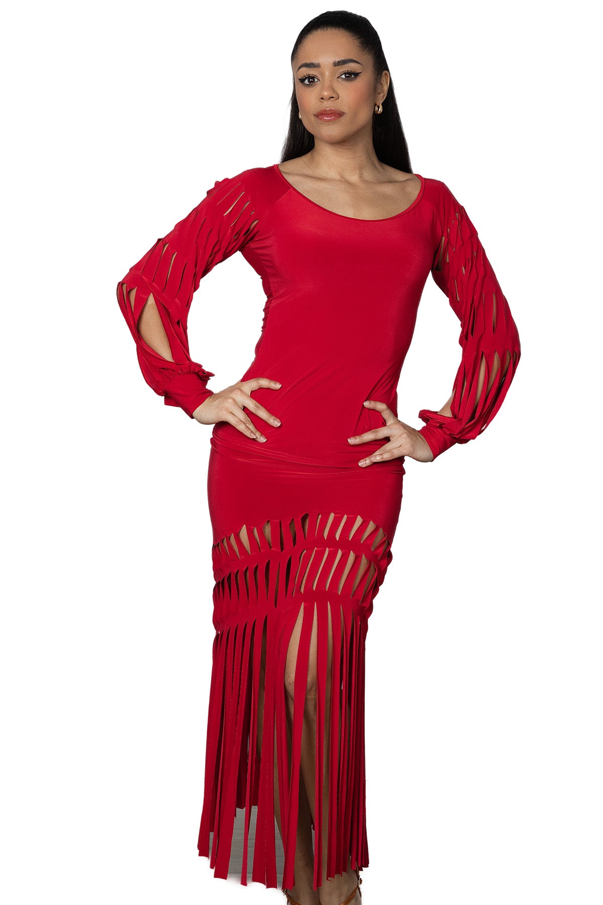 Women's red ballroom dancing top with band cut sleeves