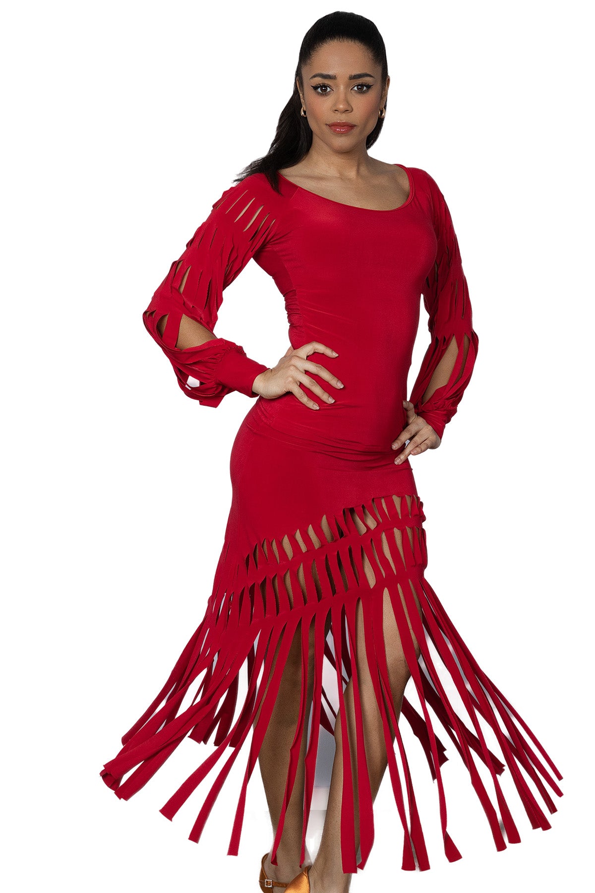 Women's red ballroom or Latin dance skirt with fringe pattern