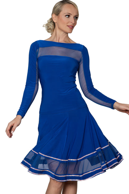 Women's blue ballroom top with mesh and long sleeves