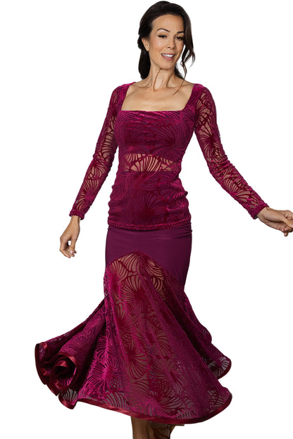 Burnout velvet ballroom dance top in wine