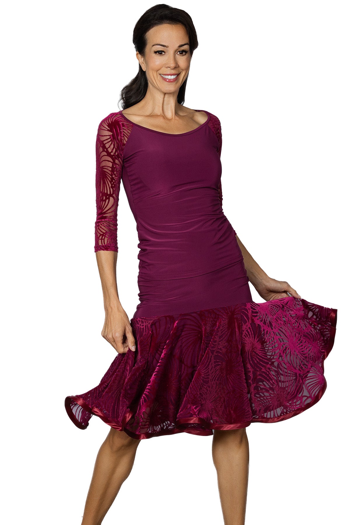 Women's wine colored velvet burnout Latin dance skirt