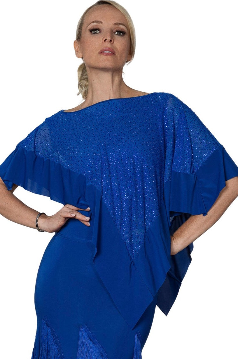 Blue ballroom dance top for women with rhinestones