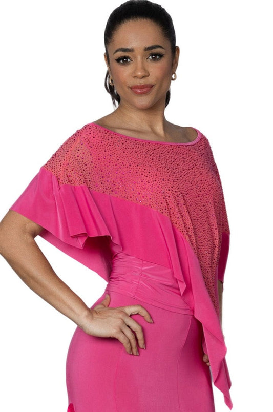 Women's Diagonal Capelet Ballroom Practice Top with Rhinestones