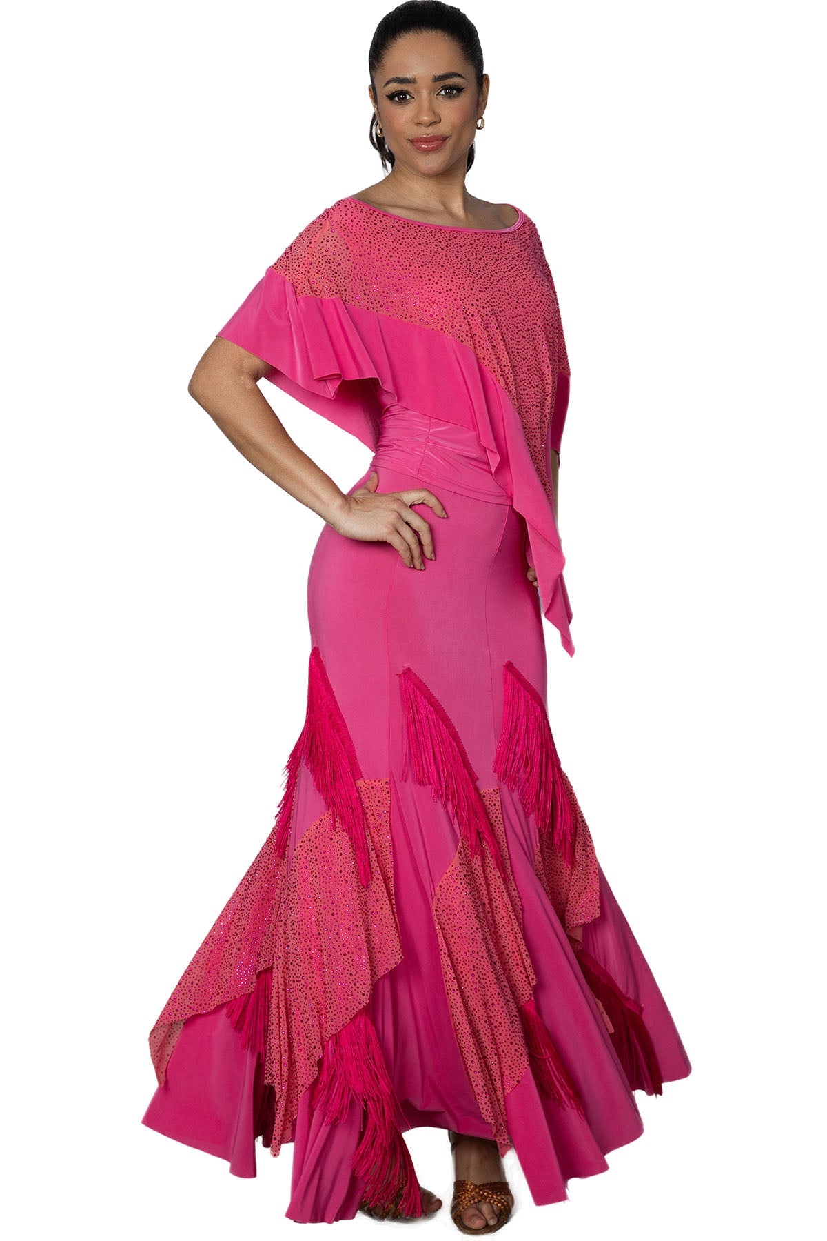 Women's pink fringe and rhinestone ballroom skirt