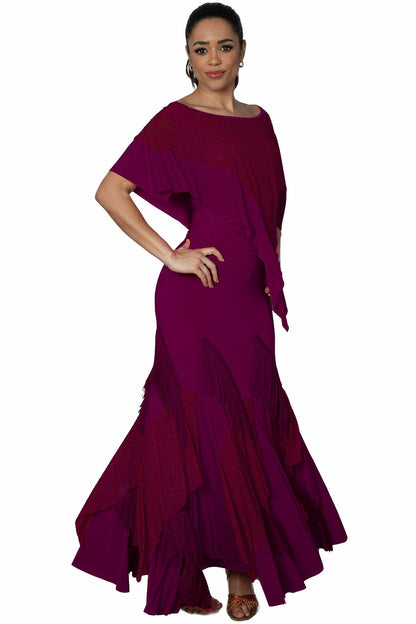 Wine colored ballroom dance skirt with fringe and rhinestones