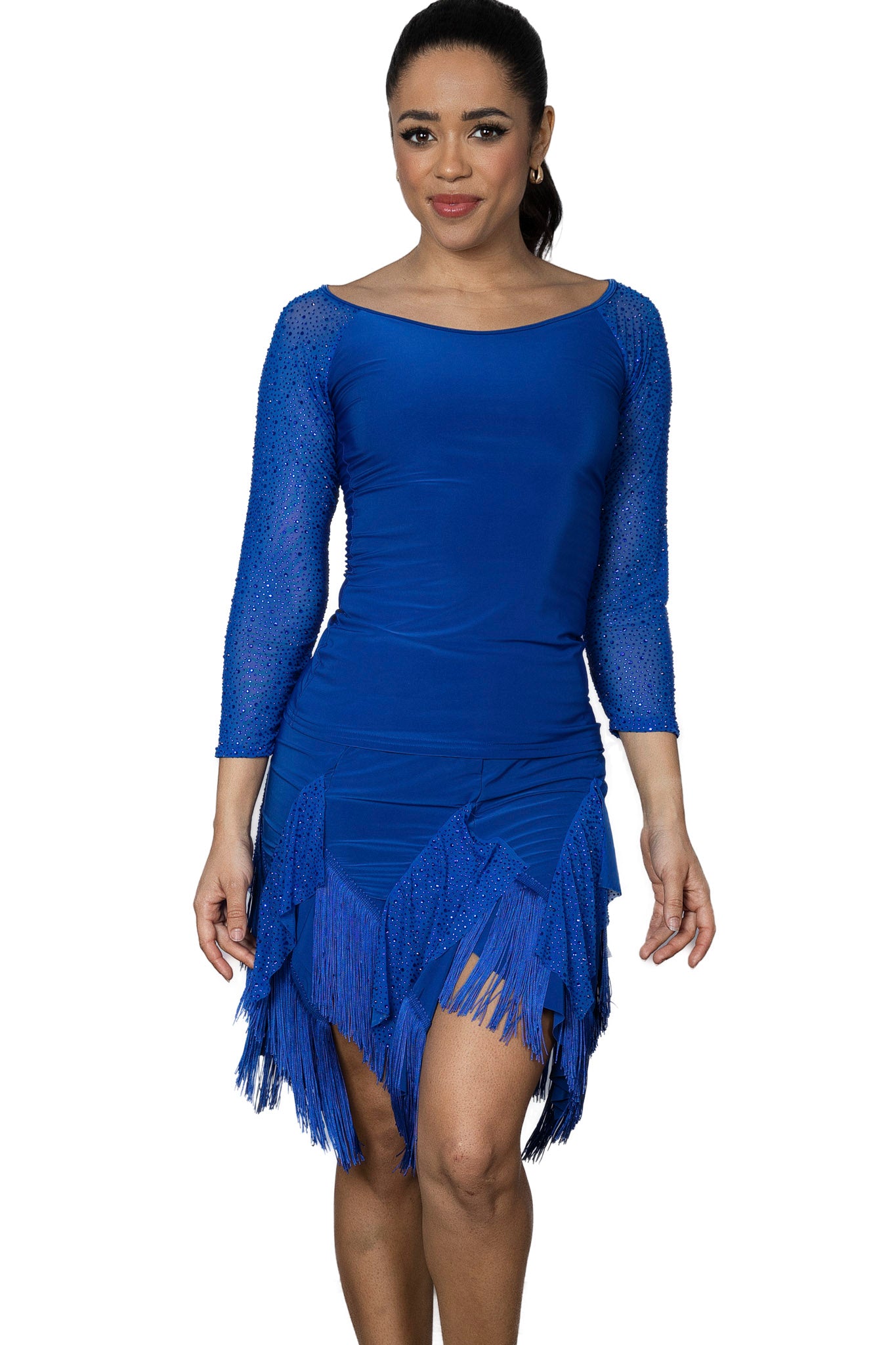 Women's blue dancing top with mesh rhinestone sleeves