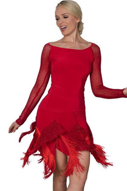 Red fringe and rhinestone Latin dancing skirt for women