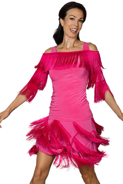 Pink fringe cold shoulder ballroom top