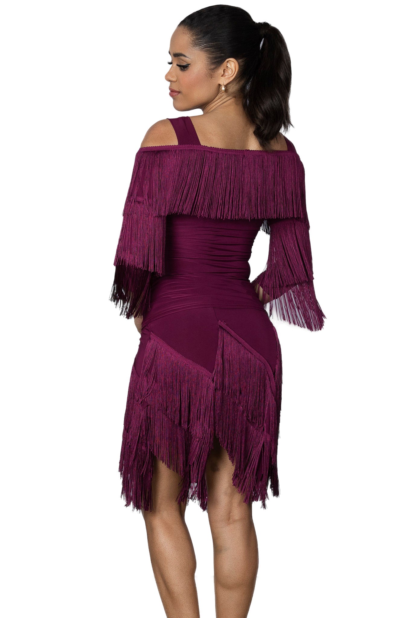 Wine colored women's ballroom top with fringe