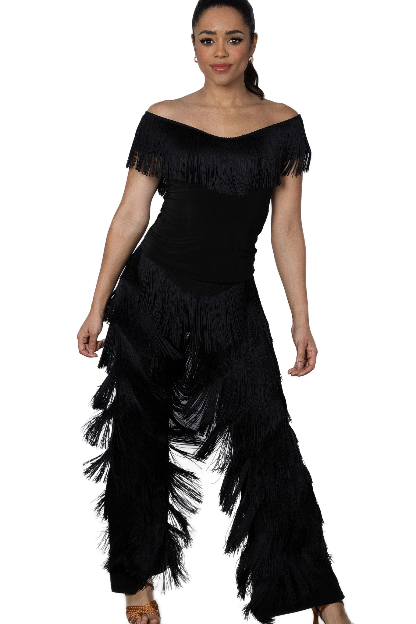 Black full fringe dance pants for women's ballroom