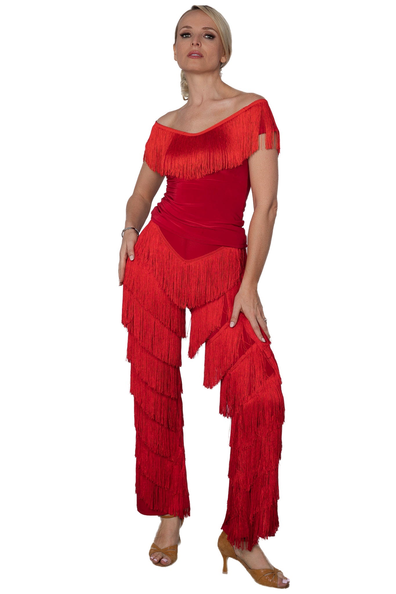 Women's red full fringe dance pants