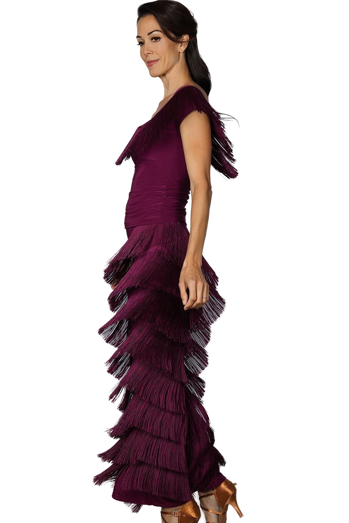 Full fringe wine colored dance pants for women