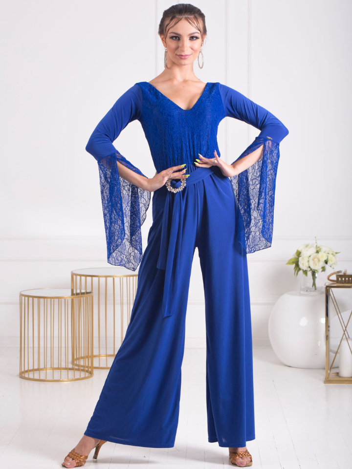 Body Positive Senga Dancewear BLUET Jumpsuit with Wide Legs, Lace Sleeves, and Belt with Elegant Buckle US Sizes 8-18 PRA 1069 in Stock