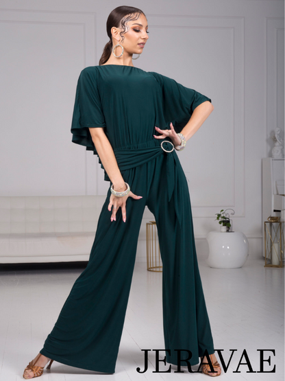 Senga Dancewear BOLERO Bottle Green Jumpsuit with Ruffle Cape, Wide Leg Pants, and Tie Detail with Gold Buckle PRA 984 in Stock