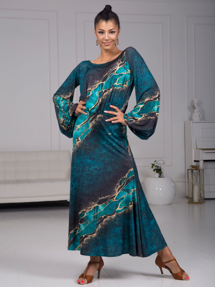 Body Positive Senga Dancewear TRIBAL Turquoise and Gold Pattern Ballroom Practice Dress with Lantern Sleeves and Elastic Waistline in US Sizes 8-18 PRA 968 in Stock