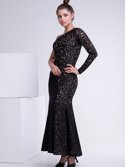 Long Black Ballroom Practice Dress with Asymmetrical Neckline, Single Sleeve, and Beautiful Stretch Lace PRA 834