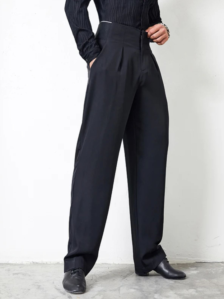 Men's Black High Waist Latin Dance Pants with Pockets