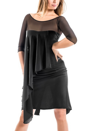 Victoria Blitz SCOZZA Black Latin Practice Dress with 3/4 Sleeves and See-Through Wrap Around Layer PRA 1014 in Stock