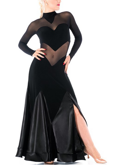Victoria Blitz NUVOLA High Neck Black Ballroom Practice Dress with Mesh Inserts, Double Keyhole Back, and Godets on Satin Skirt PRA 897 in Stock