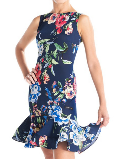 Victoria Blitz SORRENTO Sleeveless Navy Blue Floral Latin Practice Dress with Boat Neck and Wrapped Horsehair Hem Available in Sizes XS-3XL PRA 999 in Stock