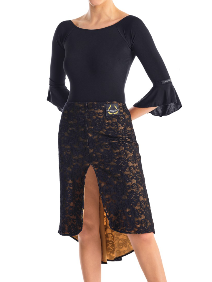 Victoria Blitz CANICATTI Black Latin Practice Skirt with High Front Slit, Asymmetric Cut in Back, and Floral Lace Overlay with Full Nude Lining PRA 719 in Stock