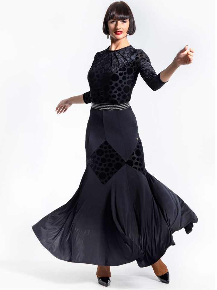 Chrisanne Clover LSK02 Long Black Ballroom Practice Skirt with Velvet Polka Dot Rhombus Pattern PRA 931 in Stock