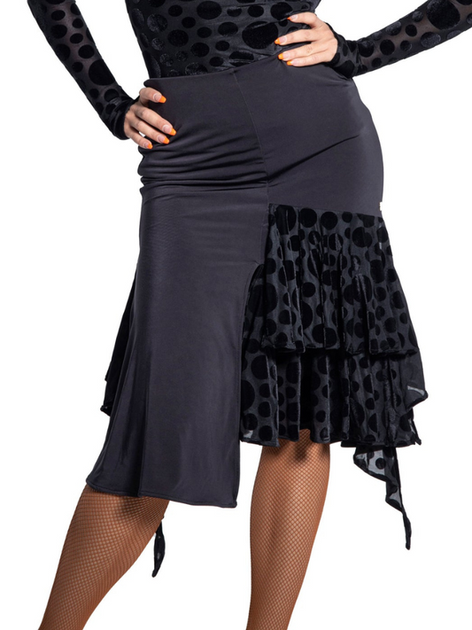 Chrisanne Clover SSK02 Black Latin Practice Skirt with Two Layers of Velvet Polka Dot Ruffles and Slit at Center Front and Back PRA 932 in Stock