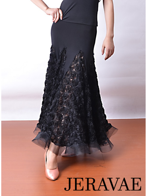 Black Ballroom Practice Skirt with 3D Floral Mesh Panels PRA 514_sale