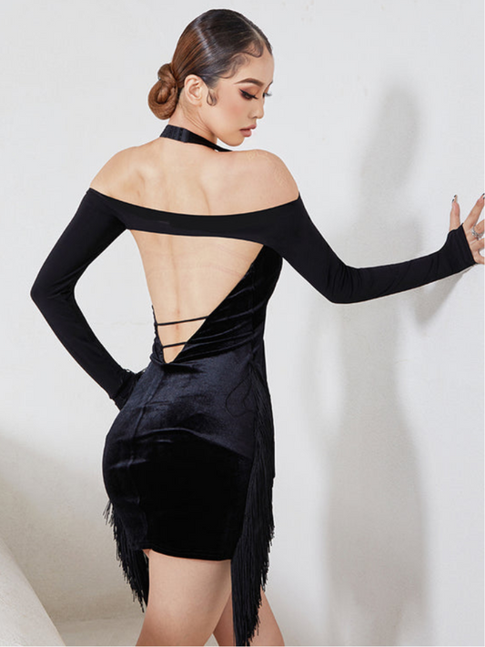 ZYM Dance Style Aodely #2187 Velvet 2 Piece Set Black Latin Practice Dress with Halter Neckline, Fringe Details on Sides, and Open Back PRA 786_Sale