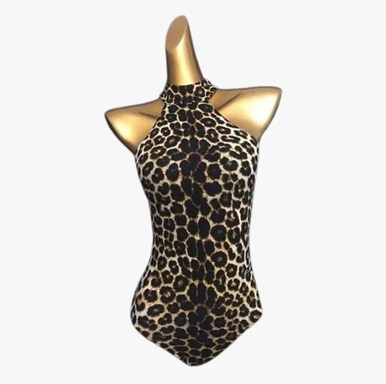 Leopard Print Bodysuit with Halter Neck 