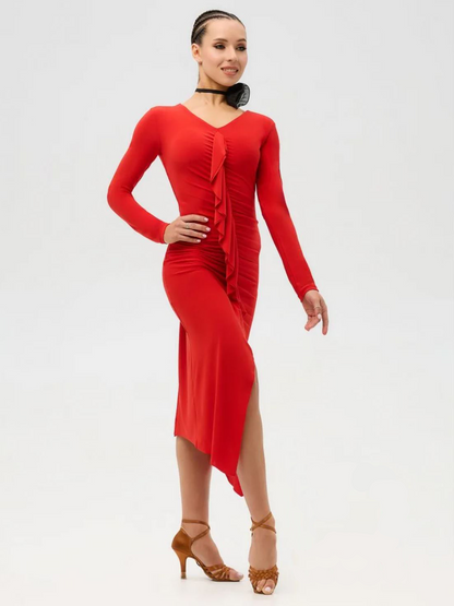 Women's red Latin dress with ruffle and long sleeves