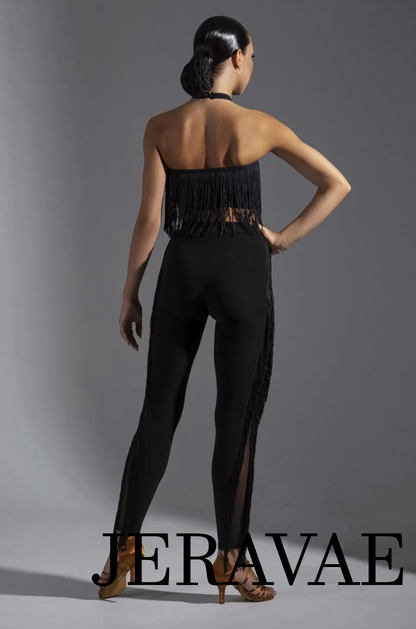 Women's Black Latin Practice Dance Leggings with Stretch Mesh Inserts and Fringe on Sides PRA 1147