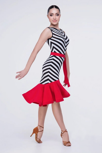 Black and white striped Latin dance dress with red belt and skirt