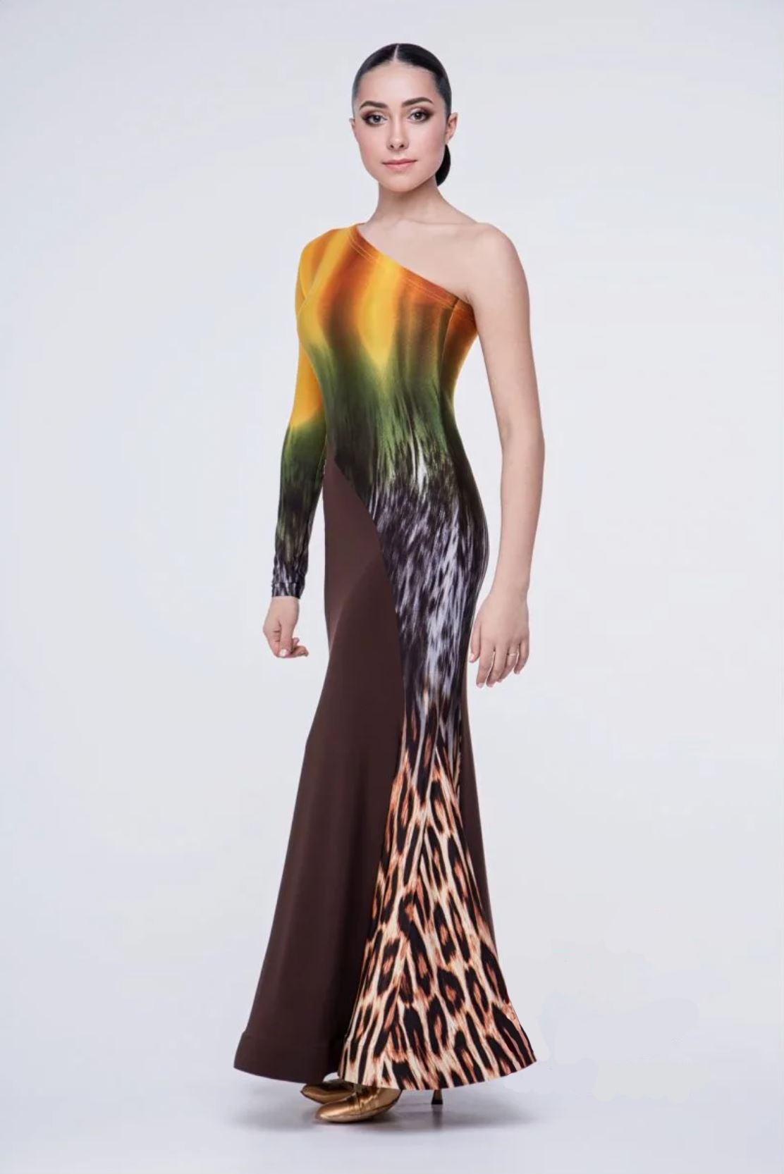 Women's ballroom dress with tie dye and animal print pattern