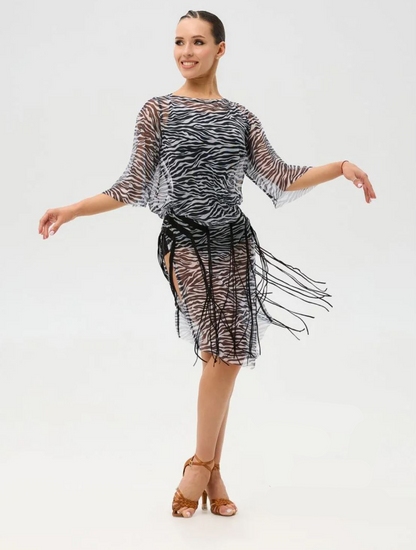 Ladies' mesh Latin dress with fringe and zebra print