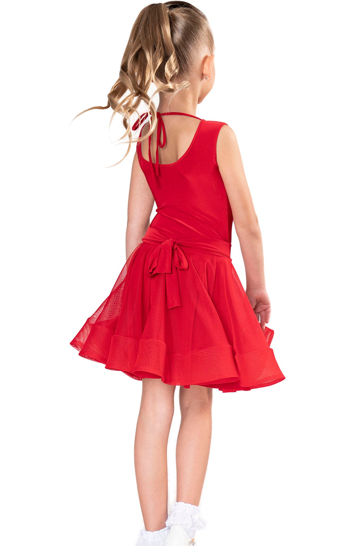 Red mesh Latin skirt with adjustable bow on back