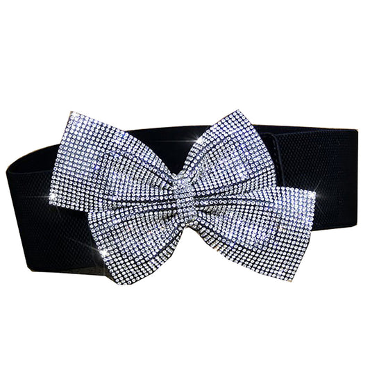 Elastic belt with large crystal rhinestone offset bow