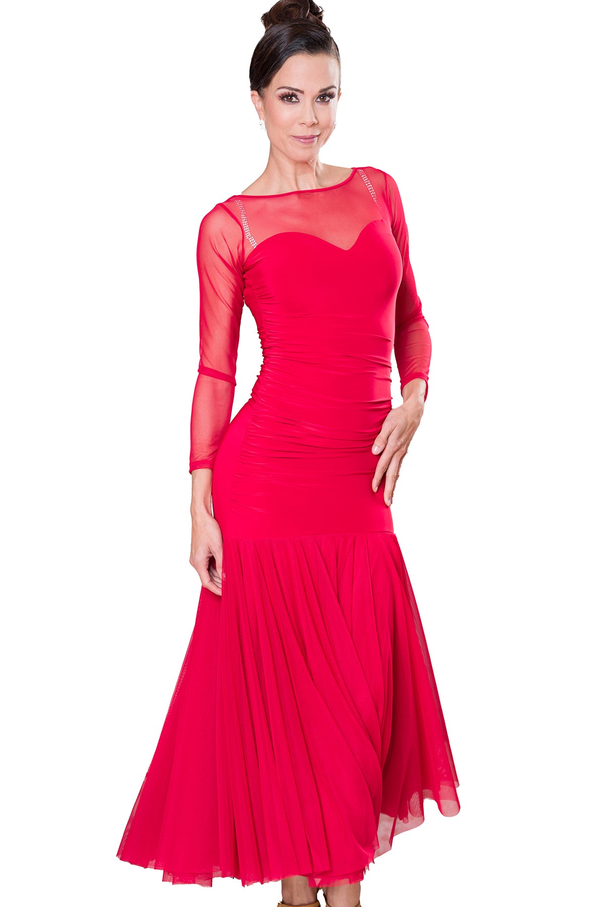 Women's red ballroom practice dress with mesh